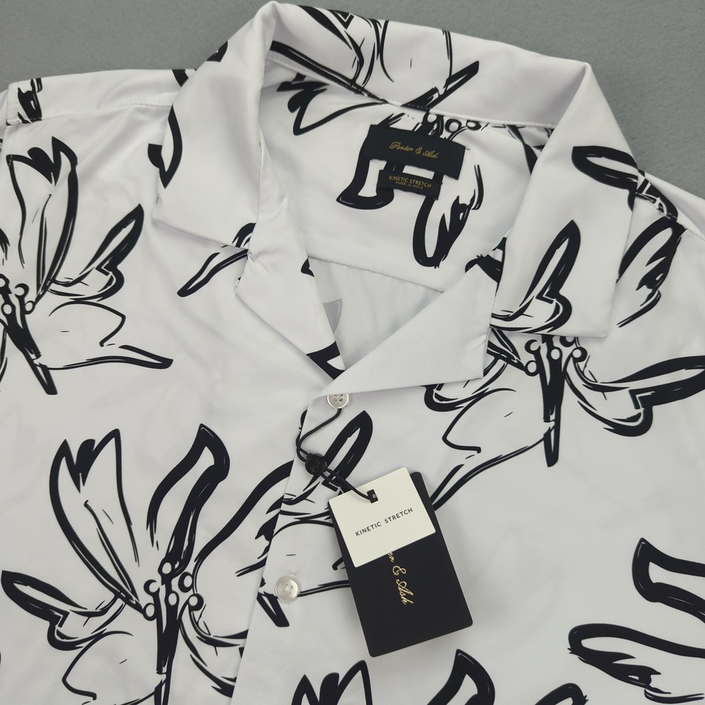 Porter & Ash Kinetic Stretch Mens Medium White Black Floral Button Down‎ Shirt